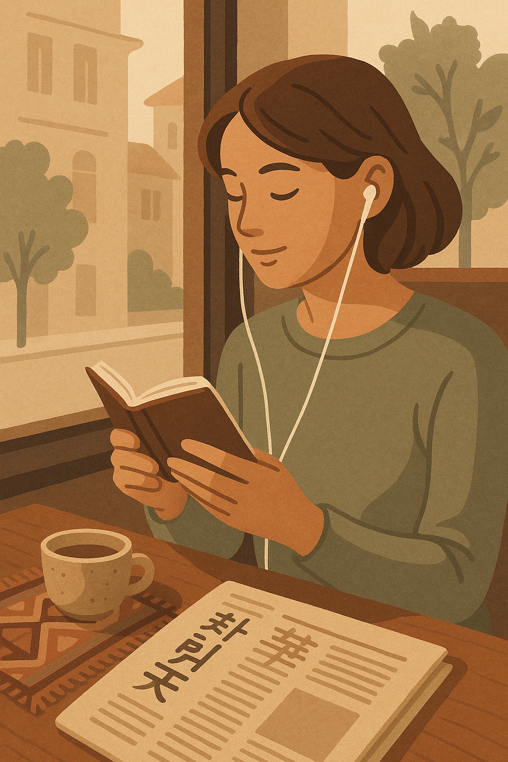 Person reading a language book while listening to audio in a cafe with a cultural cityscape view